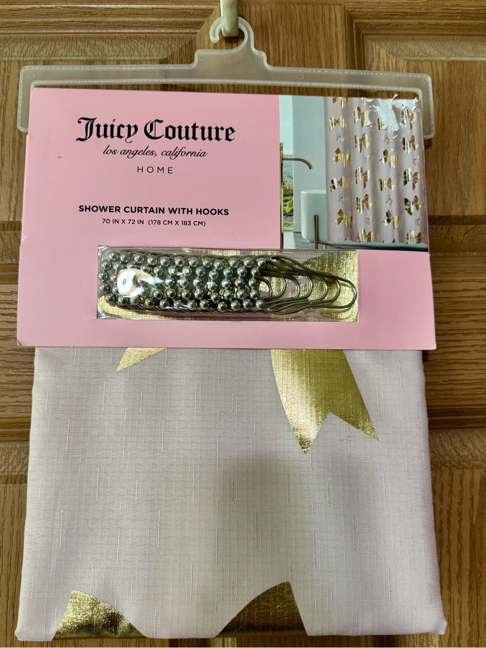 Juicy Couture Gold Bow Shower Curtain with Hooks - 70” x 72” NEW